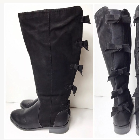 Black Knee Boots Bows Wide Calf Stretch 